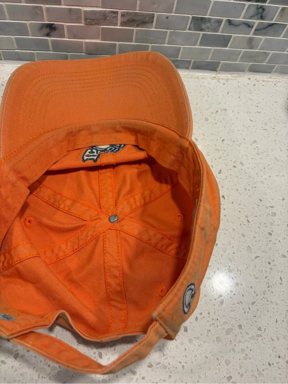 Life Is Good Orange Baseball Cap with Embroidered Dog with backpack